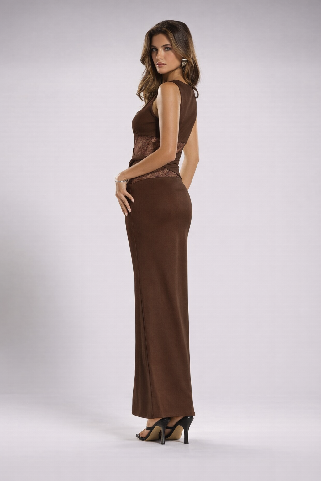 Brown Lace Stitching Maxi Dress